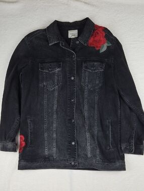 American Eagle Rose Embroidered Long Denim Black Jean Jacket Size Large
